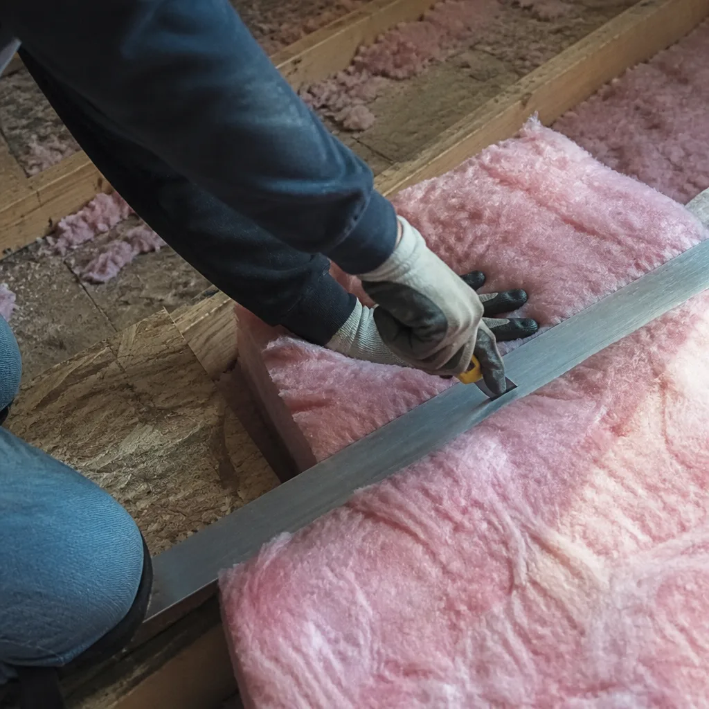 Worker cutting pink fiberglass insulation batts in an unfinished attic space.
