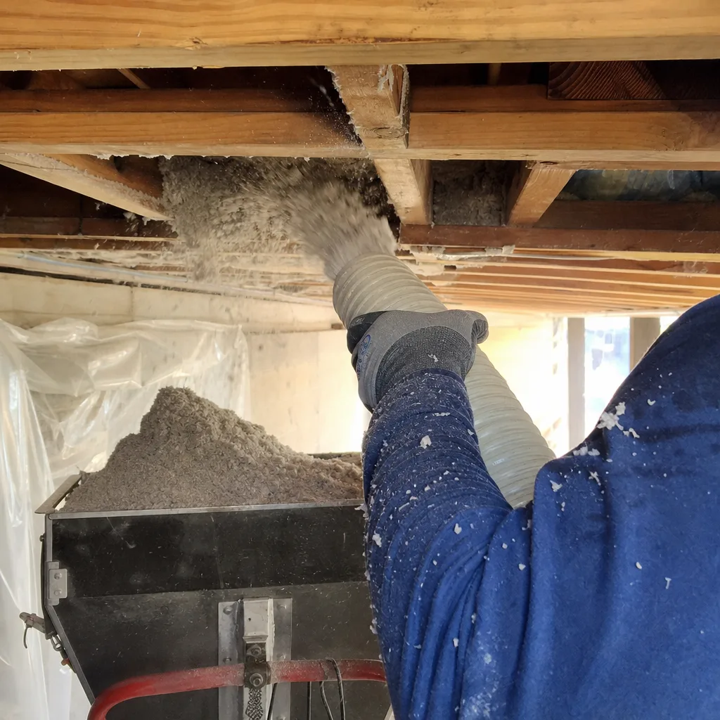 Worker installing blown-in cellulose insulation between floor joists