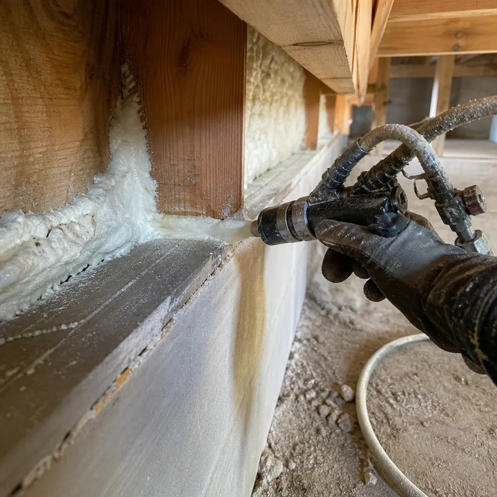 Worker applying professional spray foam insulation to a residential foundation