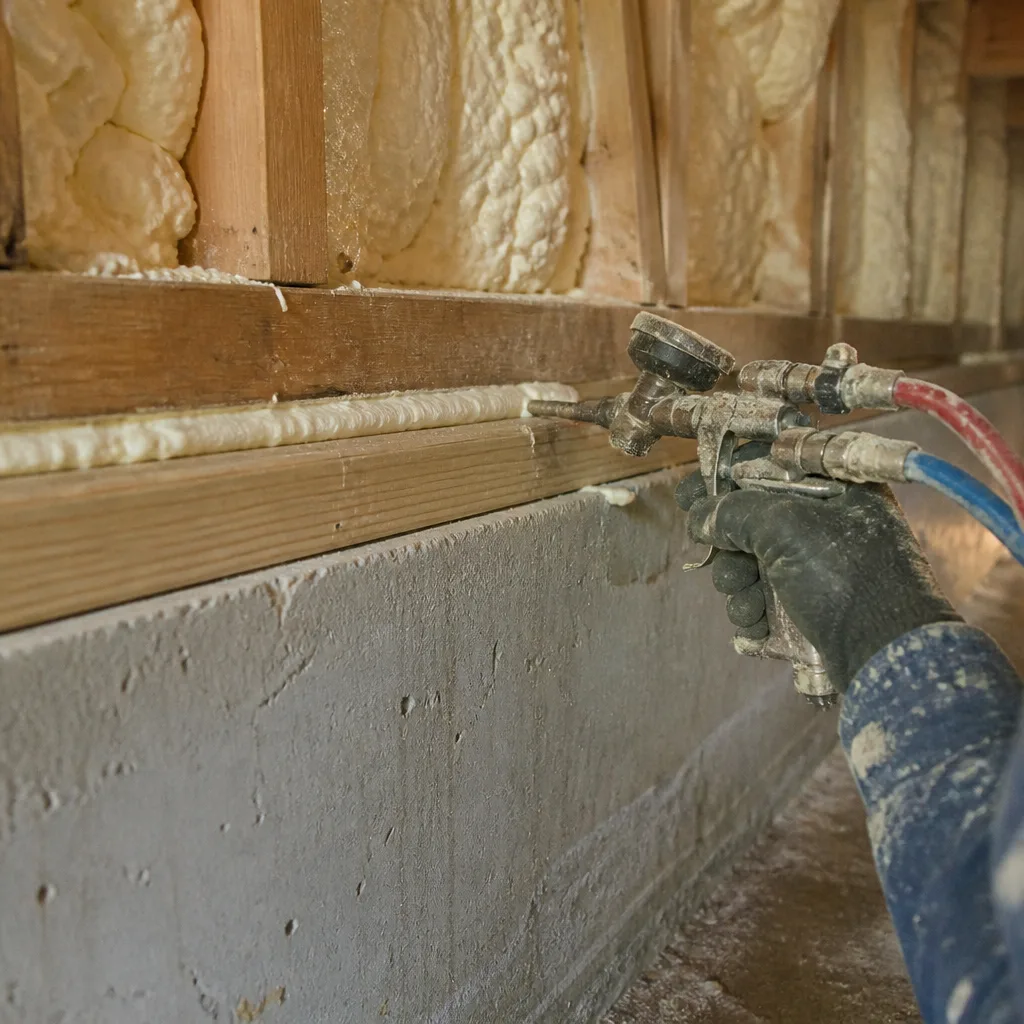 Worker applying spray foam insulation to residential concrete foundation wall