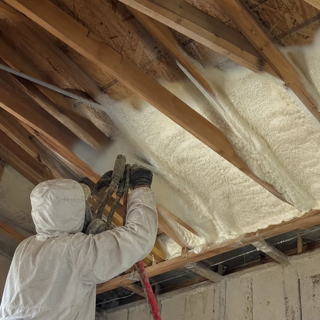 Professional contractor applying spray foam insulation to wooden attic roof rafters